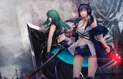 Rule 34 | 2girls, arknights, arm ribbon, arm scarf, bare shoulders, black gloves, blue hair, blue shorts, ch&#039;en (arknights), clothes around waist, commentary, dragon girl, dragon horns, dual wielding, fluegel (kaleido scope-710), gloves, glowing, glowing sword, glowing weapon, green hair, hair between eyes, highres, holding, holding shield, horns, hoshiguma (arknights), id card, jacket, jacket around waist, long hair, low-tied long hair, low twintails, multicolored neckwear, multiple girls, multiple swords, navel, neckwear request, off shoulder, open mouth, outdoors, red eyes, ribbon, shield, shirt, short shorts, shorts, single glove, single horn, skin-covered horns, sleeveless, sleeveless shirt, thighs, twintails, utility pole, weapon