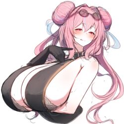 Rule 34 | 1girl, absurdres, arm under breasts, azur lane, bare shoulders, black dress, black gloves, blush, bra, bra peek, breasts, bremerton (azur lane), bremerton (kung fu cruiser) (azur lane), brown bra, china dress, chinese clothes, cleavage, commentary request, cropped torso, double bun, dress, eyewear on head, gloves, grey hair, hair between eyes, hair bun, hair intakes, hair ornament, half-closed eyes, highres, large breasts, long hair, looking at viewer, mole, mole on breast, mole under eye, multicolored hair, official alternate costume, partial commentary, pink eyes, pink hair, rikuguma, round eyewear, sidelocks, simple background, sketch, sleeveless, sleeveless dress, smile, solo, strapless, strapless bra, streaked hair, tinted eyewear, tongue, tongue out, two-tone hair, underwear, white background