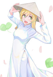 Rule 34 | 1girl, absurdres, blonde hair, daiba nana, falling petals, green eyes, hat, highres, holding, holding clothes, holding hat, leaf, looking at viewer, nguyen tam lee, open mouth, petals, rice hat, shoujo kageki revue starlight, smile, vietnamese clothes, vietnamese dress, white background