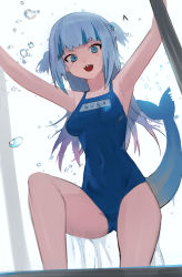 Rule 34 | 1girl, absurdres, armpits, arms up, blue eyes, blue hair, blue one-piece swimsuit, blunt bangs, breasts, character name, covered navel, feet out of frame, fins, fish tail, gawr gura, highres, hololive, hololive english, hood (james x), long hair, looking at viewer, medium breasts, multicolored hair, one-piece swimsuit, open mouth, shark tail, sharp teeth, silver hair, smile, solo, streaked hair, swimsuit, tail, teeth, two side up, virtual youtuber, water, white background