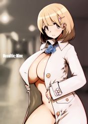 Rule 34 | 10s, 1girl, blonde hair, breasts, coat, cowboy shot, exhibitionism, highres, huge breasts, indoors, naked coat, narusawa ryouka, occultic;nine, public indecency, short hair, solo, souryu, standing