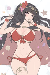 Rule 34 | 1girl, alternate costume, bikini, black hair, breasts, female focus, fire emblem, fire emblem awakening, gluteal fold, gonzarez, highres, large breasts, long hair, looking at viewer, multi-strapped bikini, navel, nintendo, o-ring, o-ring bikini, o-ring top, official alternate costume, parted lips, purple eyes, red bikini, skindentation, smile, solo, stomach, swimsuit, tharja (fire emblem), underboob