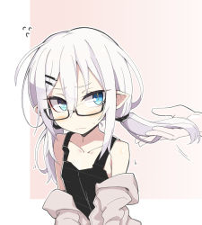 Rule 34 | 1girl, blue eyes, blush, borrowed character, embarrassed, hair between eyes, holding, holding own hair, low twintails, nowareno (azuma shino), off shoulder, ogami kazuki, original, pointy ears, semi-rimless eyewear, slit pupils, solo focus, twintails, wavy mouth, white hair