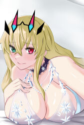 Rule 34 | 1girl, 4uu (radicalmp head), artoria pendragon (lancer alter) (royal icing) (fate), artoria pendragon (lancer alter) (royal icing) (fate) (cosplay), black choker, blonde hair, breasts, choker, cosplay, dress, barghest (fate), fate/grand order, fate (series), green eyes, hand on own chest, headpiece, heterochromia, highres, huge breasts, red eyes, solo, upper body