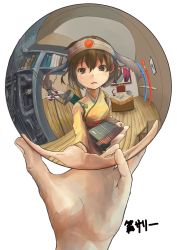 Rule 34 | 1girl, arrow (projectile), artist name, bad id, bad pixiv id, ball, book, bookshelf, brown eyes, brown hair, chair, colorized, desk, drawing (object), female pov, fine art parody, hachimaki, hand with reflecting sphere, headband, highres, hiryuu (kancolle), hiryuu kai ni (kancolle), holding, holding ball, indoors, industrial pipe, japanese clothes, kantai collection, kobaman annwn, lamp, m c escher, open mouth, parody, pov, quiver, reflection, short hair, simple background, solo, weapon bag, white background