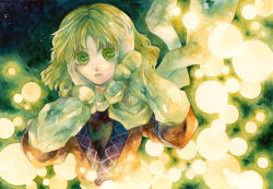 Rule 34 | 1girl, arm support, blonde hair, danmaku, green eyes, hands on own face, mizuhashi parsee, painting (medium), scarf, shiroma (mamiko), solo, touhou, traditional media, watercolor (medium)