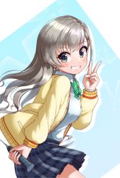 Rule 34 | 1girl, absurdres, blue background, blush, bow, braid, braided bangs, collared shirt, commentary request, dress shirt, from side, green bow, grey eyes, grey hair, grey skirt, grin, hand up, highres, hisakawa hayate, holding, idolmaster, idolmaster cinderella girls, jacket, long hair, long sleeves, looking at viewer, looking to the side, open clothes, open jacket, plaid, plaid skirt, pleated skirt, shirt, skirt, smile, solo, star (symbol), two-tone background, unadon (unadoom), v, very long hair, white background, white shirt, yellow jacket