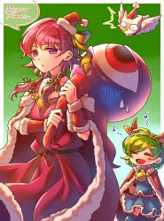 Rule 34 | 2girls, alternate costume, antlers, bell, belt, bird, blue skirt, cape, closed eyes, dress, feh (fire emblem heroes), fire emblem, fire emblem: the blazing blade, fire emblem: the sacred stones, fire emblem heroes, fur trim, green background, green hair, hat, highres, horns, hzk (ice17moon), low twintails, lute (fire emblem), merry christmas, mogall, monster, multiple girls, nino (fire emblem), nintendo, open mouth, owl, parted lips, pom pom (clothes), purple eyes, purple hair, red hat, reindeer antlers, santa costume, santa hat, short hair, simple background, skirt, twintails