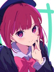 Rule 34 | 1girl, arima kana, atenaba, black jacket, blue headwear, blush, bow, bowtie, chromatic aberration, closed mouth, collared shirt, commentary, hand on own face, hand up, hashtag-only commentary, highres, jacket, long sleeves, looking at viewer, oshi no ko, pink bow, pink bowtie, red eyes, red hair, shirt, simple background, smile, solo, upper body, white background, white shirt