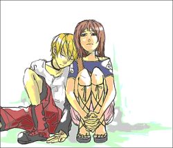 Rule 34 | 1boy, 1girl, blonde hair, brown hair, closed eyes, galerians, hugging own legs, lilia (galerians), lilia pascalle, looking at viewer, lowres, rion (galerians), rion steiner, short hair, shorts, simple background, skirt, sleeping, tagme, white background