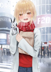 Rule 34 | 1girl, :d, amputee, bag, blonde hair, blush, brown eyes, building, commentary request, day, grey jacket, hair between eyes, highres, hugging object, jacket, long sleeves, looking at viewer, open clothes, open jacket, open mouth, original, outdoors, paper bag, piripun, prosthesis, prosthetic hand, red scarf, red shirt, road sign, round teeth, scarf, shirt, sign, smile, snowing, solo focus, standing, striped clothes, striped scarf, teeth, traffic light, upper body, upper teeth only, w, winter