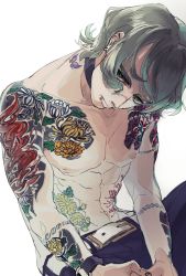 Rule 34 | 1boy, abs, bad id, bad pixiv id, bare pectorals, belt, butterfly tattoo, choker, ear piercing, gintama, green eyes, lip piercing, looking at viewer, male focus, oboro (gintama), pectorals, piercing, silver hair, sitting, solo, tattoo, thick eyebrows, toned, topless male