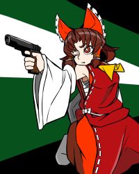 Rule 34 | 1girl, absurdres, ascot, benikurage (cookie), bow, breasts, brown hair, commentary request, cookie (touhou), detached sleeves, dress, frilled bow, frilled hair tubes, frills, full body, gun, hair bow, hair tubes, hakurei reimu, handgun, highres, holding, holding gun, holding weapon, jijii (nicoseiga91467756), looking afar, m1911, medium breasts, medium hair, one eye closed, open mouth, parody, red bow, red dress, red eyes, red shirt, red skirt, sarashi, scotch (cookie) (style), shirt, sidelocks, skirt, skirt set, sleeveless, sleeveless dress, sleeveless shirt, solo, style parody, touhou, weapon, white sleeves, wide sleeves, yellow ascot