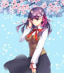 Rule 34 | 1girl, breasts, cherry blossoms, fate/stay night, fate (series), flower, hair flower, hair ornament, hair ribbon, homurahara academy school uniform, impossible clothes, impossible shirt, large breasts, long hair, long sleeves, matou sakura, petals, purple eyes, purple hair, ribbon, school uniform, shirt, skirt, solo, vest, yeruen