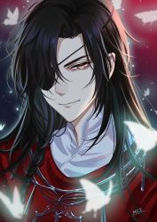Rule 34 | 1boy, bishounen, blurry, blurry background, braid, bug, butterfly, butterfly necklace, chinese clothes, depth of field, eyepatch, front braid, glowing butterfly, hair over shoulder, highres, hua cheng, insect, long hair, makura wet, male focus, night, semi-transparent, sidelocks, signature, single braid, solo, tianguan cifu, too many, too many butterflies, upper body, white butterfly