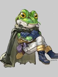 Rule 34 | 1boy, artist name, belt, blue gloves, boots, cape, chrono trigger, crossed arms, crossed legs, frog, frog (chrono trigger), full body, gloves, grey background, grey cape, highres, male focus, pants, purple bag, sheath, sheathed, sitting, smile, solo, sword, uzutanco, weapon, white pants, yellow eyes