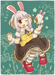 Rule 34 | &gt; &lt;, 1girl, :3, :d, animal ears, blunt bangs, carrot, closed eyes, fake animal ears, hair ribbon, mary janes, mizuno mumomo, one eye closed, open mouth, original, pantyhose, puffy short sleeves, puffy sleeves, rabbit, rabbit ears, red eyes, ribbon, shoes, short sleeves, silver hair, skirt, smile, solo, striped clothes, striped pantyhose, wink, wrist cuffs