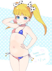 Rule 34 | 1girl, american flag bikini, american flag print, bad id, bad pixiv id, bare arms, bare shoulders, bikini, black bow, blonde hair, blue eyes, blush, bow, collarbone, commentary request, dated, flag print, flat chest, groin, hair bow, happy birthday, heart, idolmaster, idolmaster cinderella girls, long hair, looking at viewer, mary cochran, moyori, navel, polka dot, polka dot bow, print bikini, side-tie bikini bottom, smile, solo, swimsuit, twintails, white bow
