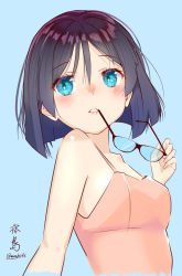 Rule 34 | 1girl, absurdres, alternate costume, black hair, blue background, blue eyes, camisole, character name, commentary request, unworn eyewear, highres, holding, holding removed eyewear, kantai collection, kirishima (kancolle), looking at viewer, pink camisole, red-framed eyewear, sakurai nana (moshichi), short hair, solo, upper body