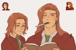 Rule 34 | 1boy, blazer, book, earrings, elliott (stardew valley), green eyes, green necktie, holding, holding book, jacket, jewelry, long hair, looking at another, looking at viewer, male focus, mk/ret, multiple views, necktie, pen, pen in mouth, prototype design, red hair, red jacket, shirt, single earring, sprite, stardew valley, upper body, white background, white shirt