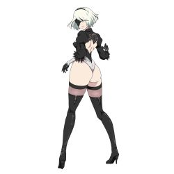 Rule 34 | 1girl, android, ass, black blindfold, black thighhighs, blindfold, boots, breasts, feather-trimmed sleeves, hairband, high heel boots, high heels, mole, mole under mouth, nier (series), nier:automata, short hair, silver hair, simple background, solo, thighhighs, thighhighs under boots, 2b (nier:automata)