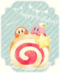 Rule 34 | :o, aqua background, artist name, blue eyes, blush, blush stickers, border, brown eyes, cake, closed mouth, commentary request, dated, english text, food, food on head, happy birthday, heart, kirby, kirby (series), kotori (lycka), looking at viewer, nintendo, no humans, object on head, simple background, star (symbol), string of flags, striped, striped background, swiss roll, twitter username, waddle dee, whipped cream, white border