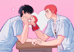 Rule 34 | 2boys, absurdres, arm rest, black eyes, black hair, blush, closed eyes, cou, couple, desk, from side, hand puppet, heart, heduel, highres, holding hands, kiss, looking at another, male focus, multiple boys, pink background, profile, puppet, red hair, rukawa kaede, sakuragi hanamichi, school desk, short hair, simple background, slam dunk (series), upper body, yaoi
