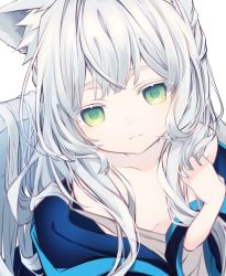 Rule 34 | 1girl, animal ears, arknights, blush, breasts, cat ears, commentary, commentary request, green eyes, grey hair, highres, hk nnm, jacket, long hair, looking at viewer, portrait, rosmontis (arknights), simple background, small breasts, smile, solo, white background