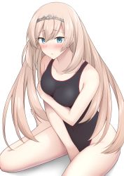 Rule 34 | 1girl, akahi242, bare arms, bare legs, bare shoulders, barefoot, black one-piece swimsuit, blonde hair, blue eyes, blush, breasts, closed mouth, collarbone, competition swimsuit, hair between eyes, hairband, highres, kantai collection, large breasts, long hair, one-piece swimsuit, simple background, sitting, solo, swimsuit, tiara, victorious (kancolle), white background, yokozuwari