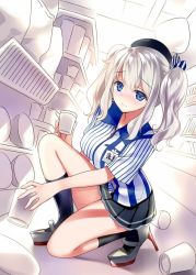 Rule 34 | 10s, 1girl, blue eyes, blush, breasts, clerk, employee uniform, kantai collection, kashima (kancolle), kneeling, large breasts, lawson, long hair, looking at viewer, name tag, rei (rei&#039;s room), sidelocks, silver hair, skirt, smile, solo, spill, twintails, uniform, wavy hair
