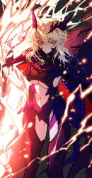 Rule 34 | 1girl, absurdres, armor, artoria pendragon (fate), artoria pendragon (lancer alter) (fate), blonde hair, breasts, cape, clothing cutout, dark rhongomyniad, fate/grand order, fate (series), glowing, glowing weapon, highres, large breasts, pauldrons, shoulder armor, stomach cutout, underboob, weapon, yellow eyes, youling keke