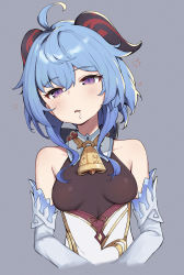 Rule 34 | 1girl, absurdres, ahoge, bare shoulders, bell, blue hair, blush, breasts, detached sleeves, drooling, ganyu (genshin impact), genshin impact, grey background, half-closed eyes, highres, horns, long hair, medium breasts, mouth drool, neck bell, obam, open mouth, purple eyes, sidelocks, sleepy, solo, upper body, white sleeves