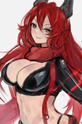 Rule 34 | 1girl, black shirt, breasts, brown eyes, cleavage, closed mouth, crop top, goddess of victory: nikke, hair between eyes, headgear, highres, large breasts, long hair, looking at viewer, navel, nemo (aeon2801), red hair, red hood (nikke), red scarf, scarf, shirt, simple background, smile, solo, white background