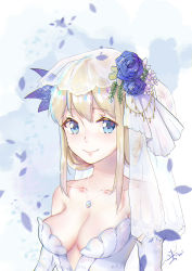 Rule 34 | 1girl, absurdres, artist name, bare shoulders, blonde hair, blue dress, blue eyes, blue flower, blue gloves, breasts, bridal veil, cleavage, closed mouth, collarbone, dou (1277759191), dress, elbow gloves, eyelashes, flower, gloves, hair flower, hair ornament, highres, jewelry, lexington (warship girls r), lips, looking at viewer, medium breasts, necklace, pendant, petals, purple flower, sagging breasts, see-through, sidelocks, sign, simple background, sleeveless, sleeveless dress, smile, solo, sparkle, strapless, strapless dress, upper body, veil, warship girls r, wedding dress