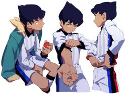 Rule 34 | 1boy, adjusting sleeves, black hair, bright pupils, closed mouth, collared shirt, creatures (company), dark-skinned male, dark skin, game freak, gym challenge uniform, highres, holding, holding poke ball, hop (pokemon), invisible chair, male focus, multiple views, na1 pkmn, nintendo, poke ball, poke ball (basic), pokemon, pokemon swsh, shirt, short hair, shorts, simple background, sitting, sleeves rolled up, socks, white background, yellow eyes