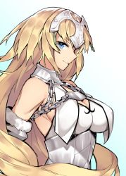 Rule 34 | 1girl, armor, blonde hair, blue eyes, breasts, chain, cleavage, fate/apocrypha, fate/grand order, fate (series), from side, fur trim, ge-b, gradient background, headpiece, jeanne d&#039;arc (fate), jeanne d&#039;arc (ruler) (fate), jeanne d&#039;arc (third ascension) (fate), large breasts, long hair, looking at viewer, simple background, smile, solo, upper body, white background