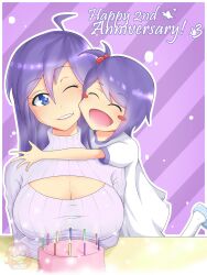 Rule 34 | 2girls, ^ ^, absurdres, age difference, breasts, cake, cleavage, cleavage cutout, closed eyes, clothing cutout, food, happy, highres, hug, large breasts, mother and daughter, multiple girls, redzone art, smile, sweater