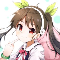 Rule 34 | 1girl, ahoge, backpack, bag, bakemonogatari, bangle, blush, bow, bowtie, bracelet, brown hair, closed mouth, commentary request, fingernails, green ribbon, hachikuji mayoi, hair ribbon, hairband, head tilt, highres, himemiya shuang, jewelry, long hair, looking at viewer, monogatari (series), pink bow, pink bowtie, pointing, pointing at self, red eyes, ribbon, shirt, smile, solo, suspenders, twintails, white hairband, white shirt