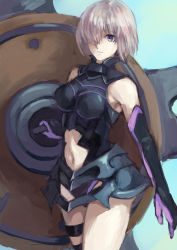 Rule 34 | 1girl, armor, bad id, bad pixiv id, bare shoulders, breasts, elbow gloves, fate/grand order, fate (series), gloves, gradient background, hair over one eye, highres, mash kyrielight, navel, purple eyes, shield, shizukublue, short hair, silver hair, solo