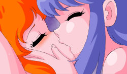 Rule 34 | 1980s (style), 675 (image 675), blue hair, caron (rall), character request, close-up, closed eyes, cream lemon, hand on another&#039;s face, kiss, oldschool, orange hair, retro artstyle, sf choujigen densetsu rall, yuri