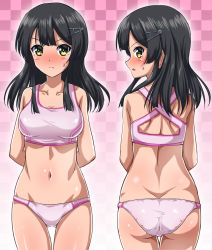 Rule 34 | 1girl, :o, arms behind back, ass, back, bare shoulders, black hair, blush, breasts, butt crack, checkered background, closed mouth, collarbone, cowboy shot, embarrassed, from behind, gluteal fold, hair ornament, hairclip, kantai collection, long hair, looking at viewer, looking back, medium breasts, multiple views, navel, nose blush, open mouth, oyashio (kancolle), panties, profile, revision, shiny skin, shoulder blades, sidelocks, sports bra, standing, sweat, sweatdrop, thigh gap, thighs, twisted neck, underwear, underwear only, white panties, yellow eyes, zanntetu