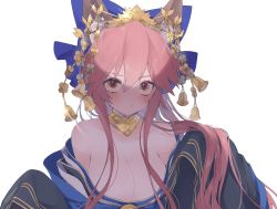 Rule 34 | 1girl, animal ear fluff, animal ears, bare shoulders, bell, blue bow, blue kimono, blush, bow, breasts, cleavage, collarbone, commentary, commentary request, crown, fate/grand order, fate (series), fox ears, fox girl, hair ribbon, highres, japanese clothes, kimono, large breasts, long hair, looking at viewer, mei (maple 152), off shoulder, official alternate costume, pink hair, pout, ribbon, simple background, solo, tamamo (fate), tamamo no mae (fate/extra), tamamo no mae (third ascension) (fate), very long hair, white background, yellow eyes