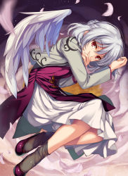 Rule 34 | 1girl, arm up, braid, breasts, brown background, brown socks, buttons, commentary request, covering own mouth, dress, feathers, fingernails, grey hair, grey jacket, hair between eyes, hand on own face, hands up, highres, jacket, kishin sagume, legs, long fingernails, long sleeves, looking to the side, medium breasts, monety, nail polish, open clothes, open jacket, pink background, pink nails, purple background, purple dress, purple footwear, red eyes, shoes, short hair, single wing, socks, solo, touhou, white dress, wings