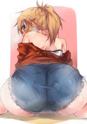 Rule 34 | 1girl, absurdres, aqua eyes, ass, ass focus, bare shoulders, blonde hair, blouse, blue shorts, blush, braid, breath, embarrassed, fate/apocrypha, fate (series), female focus, french braid, from behind, half updo, highres, hip focus, huge ass, jacket, looking at viewer, looking back, micro shorts, mordred (fate), mordred (fate/apocrypha), mordred (memories at trifas) (fate), off shoulder, onsen mikan, pee, peeing, peeing self, ponytail, puddle, red background, red jacket, shiny skin, shirt, short shorts, shorts, sitting, solo, steam, strapless, strapless shirt, wariza, wet, wet clothes, white shirt, wide hips