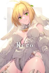 Rule 34 | 1girl, ahoge, bare shoulders, belt, blonde hair, blush, breasts, chain, character name, cleavage, detached collar, detached sleeves, echo (circa), elbow gloves, fate/extra, fate/extra ccc, fate/grand order, fate (series), flower wreath, full-length zipper, gloves, green eyes, grin, hair between eyes, hair intakes, head wreath, highleg, highleg leotard, large breasts, leotard, lock, long hair, looking at viewer, loose belt, nero claudius (bride) (fate), nero claudius (bride) (second ascension) (fate), nero claudius (fate), nero claudius (fate) (all), padlock, puffy sleeves, smile, thighhighs, thighs, veil, white gloves, white leotard, white thighhighs, wide sleeves, zipper, zipper pull tab