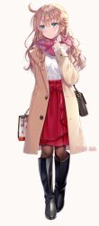 Rule 34 | 1girl, bag, black footwear, blue eyes, blush, boots, bow, breasts, brown background, brown coat, brown pantyhose, character request, closed mouth, coat, commentary request, earrings, fingerless gloves, full body, gloves, hakuda tofu, hand up, highres, iriam, jewelry, knee boots, light brown hair, long hair, long sleeves, medium breasts, open clothes, open coat, pantyhose, paper bag, plaid, plaid scarf, red bow, red skirt, scarf, shirt, shoulder bag, skirt, sleeves past wrists, solo, standing, translation request, virtual youtuber, white shirt