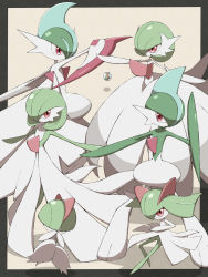 Rule 34 | absurdres, colored skin, commentary request, creatures (company), evolutionary line, eye contact, gallade, game freak, gardevoir, gen 3 pokemon, gen 4 pokemon, highres, kirlia, looking at another, mega gallade, mega gardevoir, mega pokemon, nintendo, outstretched arms, pokemon, pokemon (creature), ralts, red eyes, shabana may, standing, stone, white skin