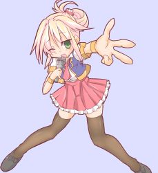 Rule 34 | 100 percent orange juice, 1girl, ;d, bad hands, black bow, black footwear, blonde hair, blue vest, blush, bow, brown thighhighs, commentary request, eyes visible through hair, frilled skirt, frills, green eyes, hair between eyes, head tilt, holding, holding microphone, hono, microphone, official art, one eye closed, open mouth, outstretched arm, pink skirt, pleated skirt, puffy short sleeves, puffy sleeves, purple background, shirt, shoes, short sleeves, sidelocks, simple background, skirt, smile, solo, sora (orange juice), suguri, thighhighs, vest, white shirt