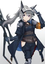 Rule 34 | 1girl, animal ears, arknights, banco233, collar, grani (arknights), grey background, grey hair, highres, hip vent, holding, holding weapon, leg armor, long hair, long jacket, looking at viewer, ponytail, purple eyes, simple background, smile, solo, weapon