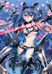 Rule 34 | 1girl, absurdres, black footwear, black thighhighs, blue hair, boots, breasts, cleavage, fujima takuya, gloves, hair between eyes, highres, holding, holding sword, holding weapon, large breasts, long hair, looking at viewer, mecha musume, midriff, navel, original xiii type.ii &quot;sd03ve&quot;, purple gloves, red eyes, see-through, sideboob, solo, sword, thigh boots, thighhighs, underboob, very long hair, weapon, z/x